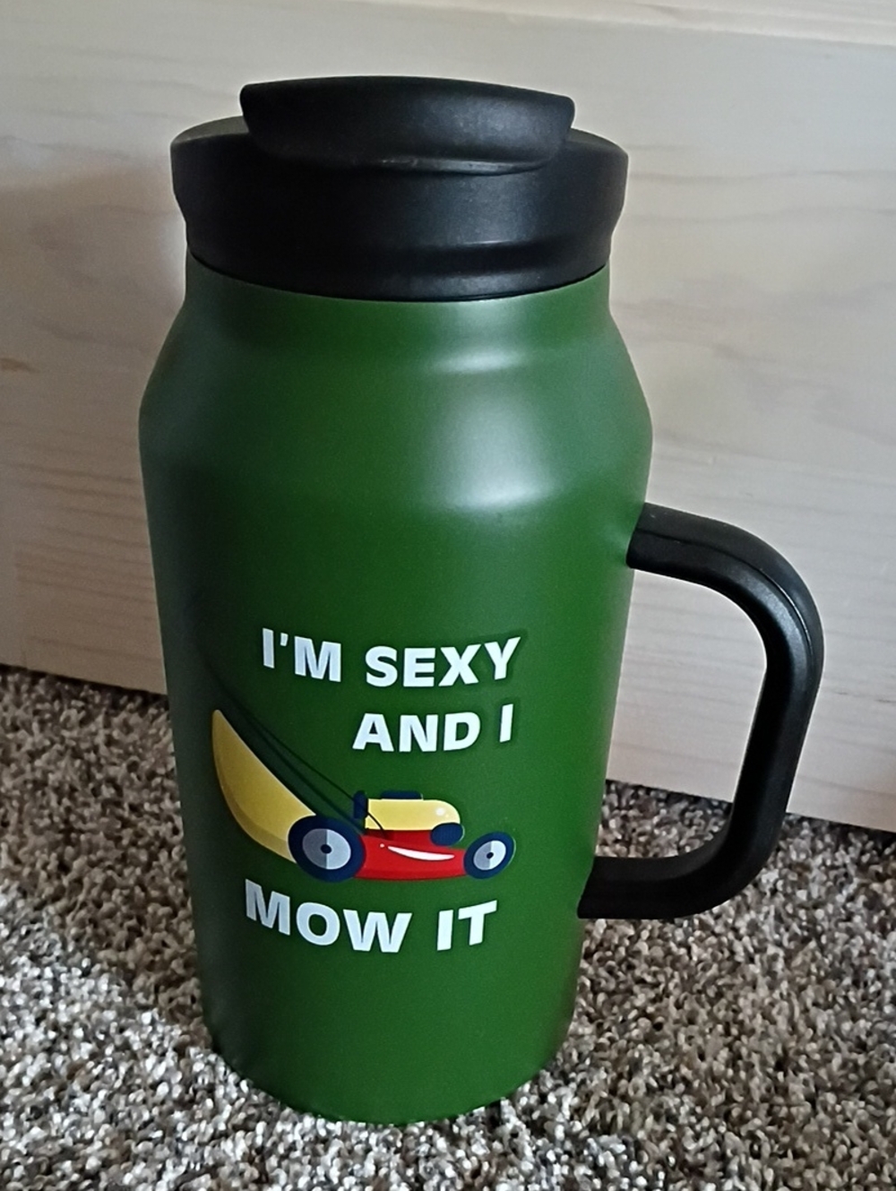 Matte Green Travel Tumbler with Handle and Novelty Lawn Mower Graphic
